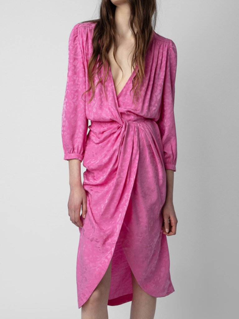 Nwt $698 Zadig & Voltaire Renew Leopard Jacquard Print Shirred Silk Wrap Dress M